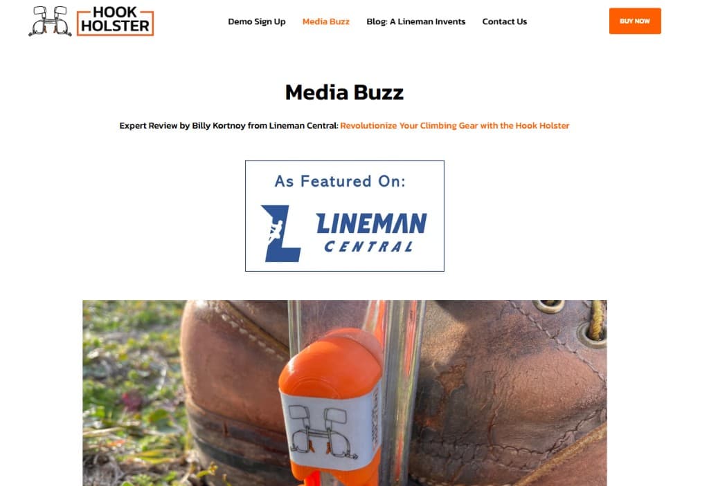Hook Holster Media Buzz page with As Featured On Lineman Central badge