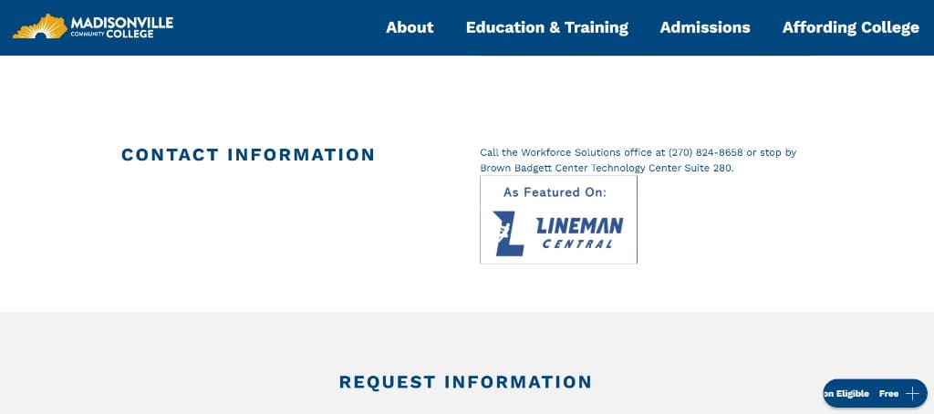 Madisonville Community College contact section with As Featured On Lineman Central badge