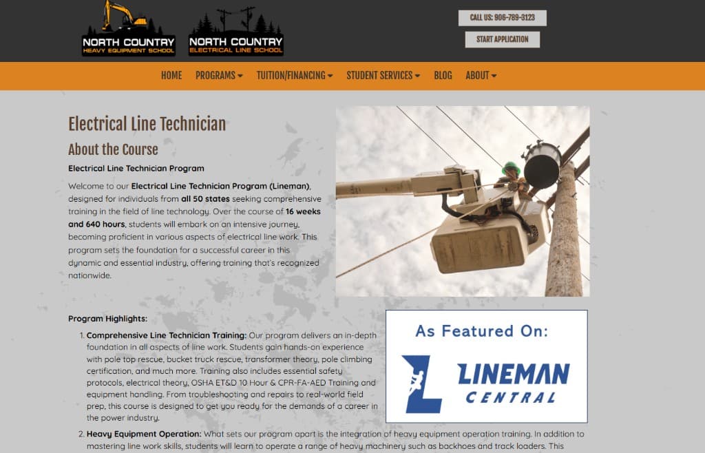 North Country Electrical Line Technician page with As Featured On Lineman Central badge