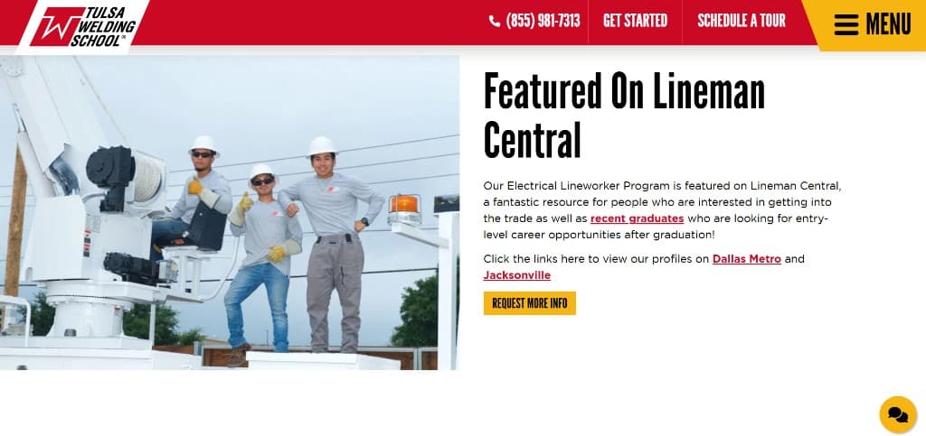 Tulsa Welding School page with Featured On Lineman Central section