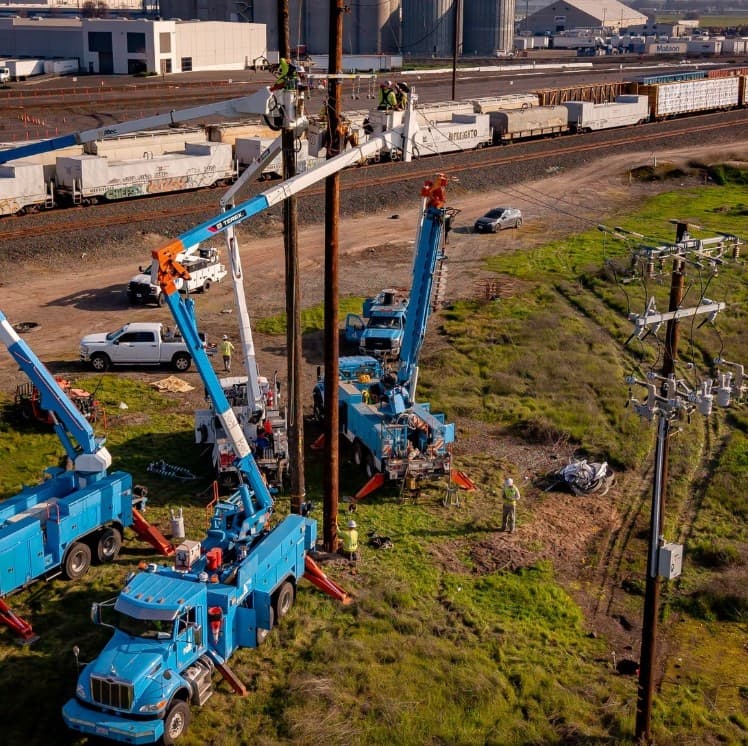 Multi-truck crew working poles from buckets near rail and industrial yards