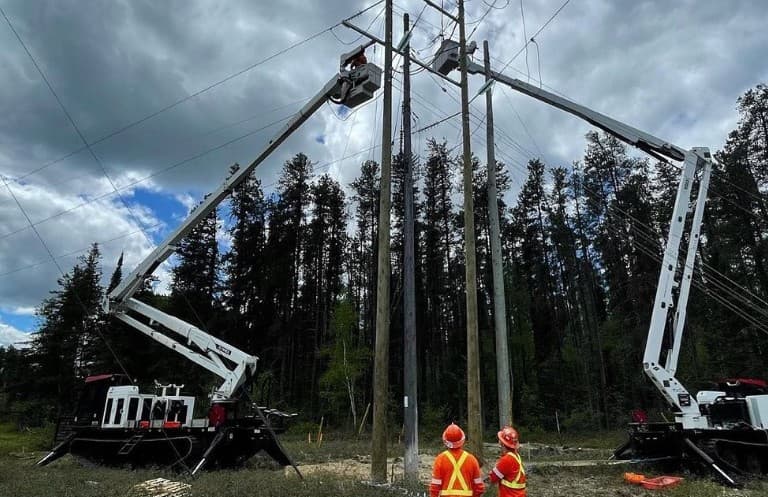 Line crews working from bucket trucks in a forest